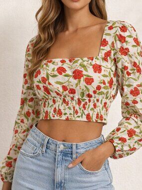 Band of the Free Beck Smock Crop Top Ivory Floral — Size M -  Long Sleeve - NWT